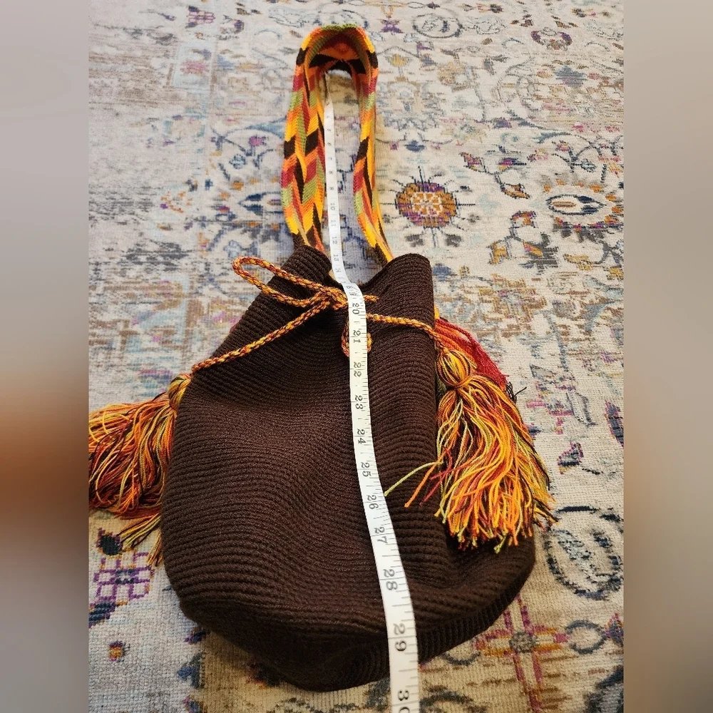 Hand Knit Wiven Brown Orange Buckwt Crossbody Bag - Picture 11 of 13